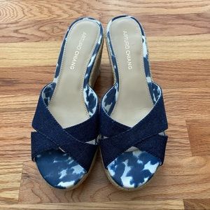 Arturo Chiang Blue Denim Espadrille Wedge Slides